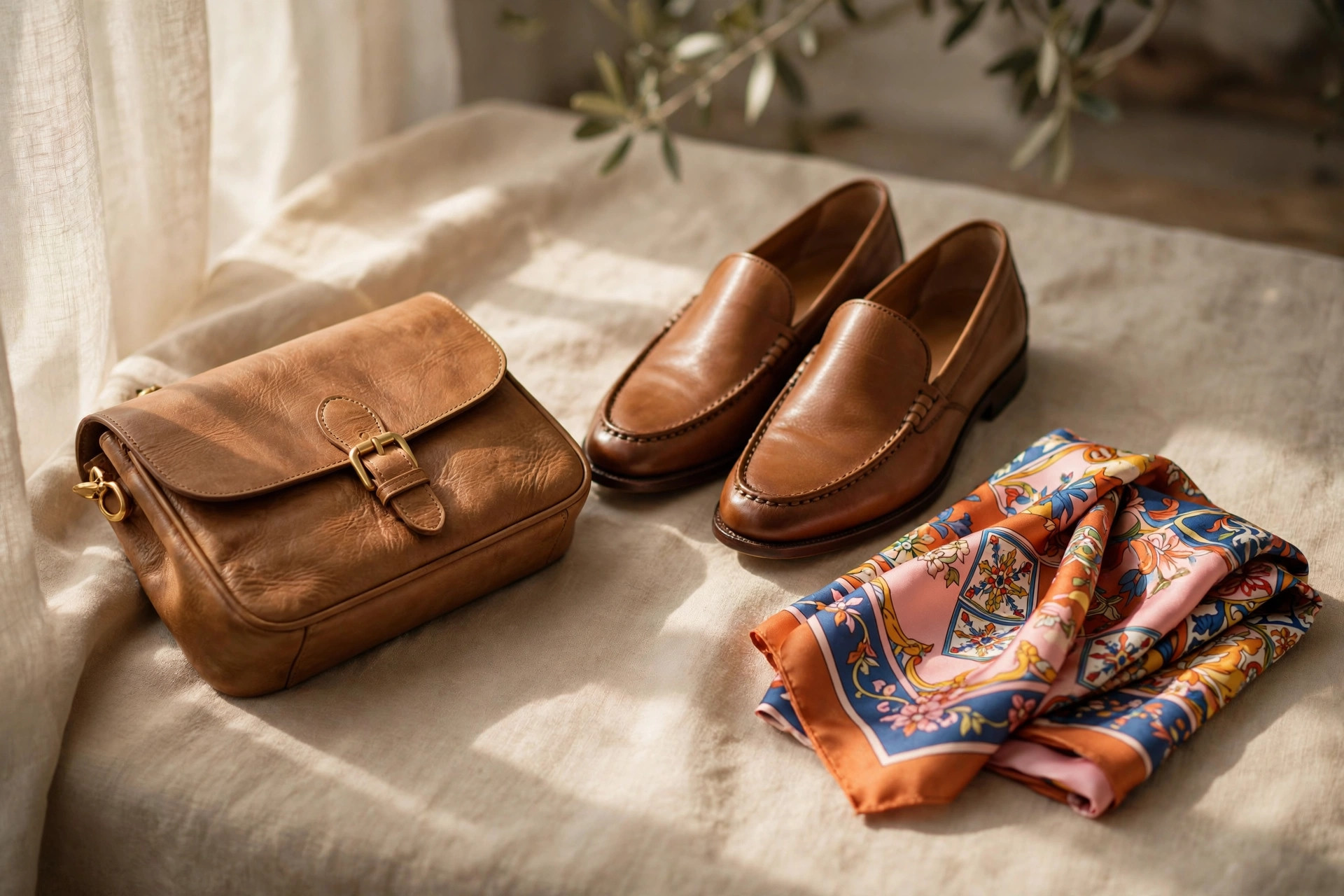 Artesanía española: bolso de cuero, calzado y pañuelo de seda